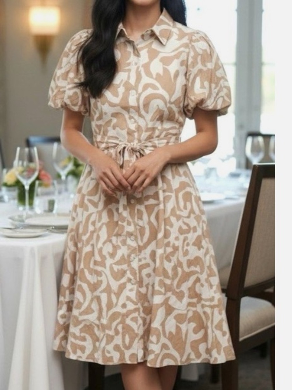 Cynthia Steffe Beige and White Puff Sleeve Dress